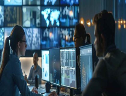 Two colleagues work on their computers, analyzing data from a knowledge management tool presented on a large screen.