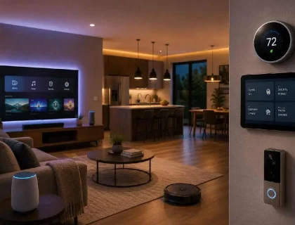 Modern smart home with connected gadgets controlling lighting, climate and security