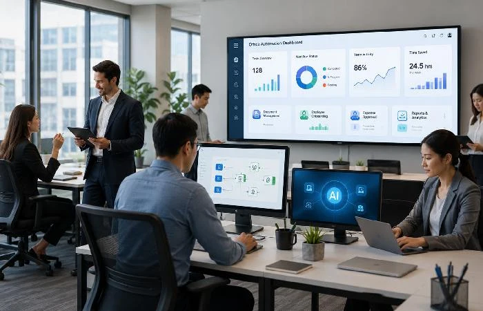 AI office automation dashboard improving workplace productivity and collaboration