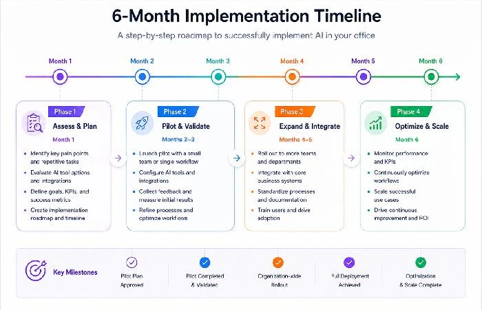 Six month AI office automation implementation roadmap for businesses