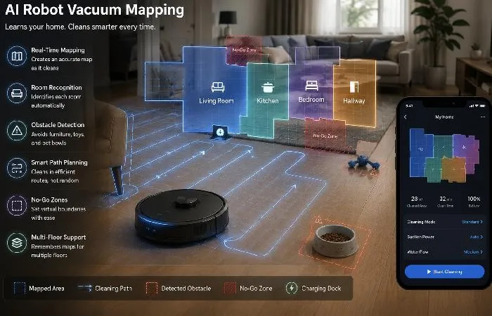 AI robot vacuum using smart mapping for efficient home navigation