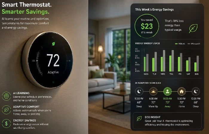 AI smart thermostat optimizing energy savings and home comfort levels
