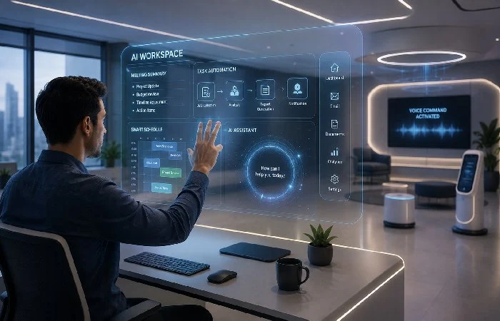 Future AI workspace with automation tools and voice controlled systems