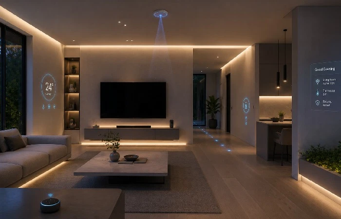 Futuristic smart home interior with connected lighting, smart displays, and voice assistant controls.