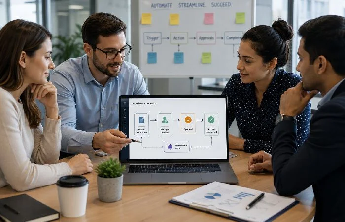 Team reviewing office workflow automation process for business efficiency