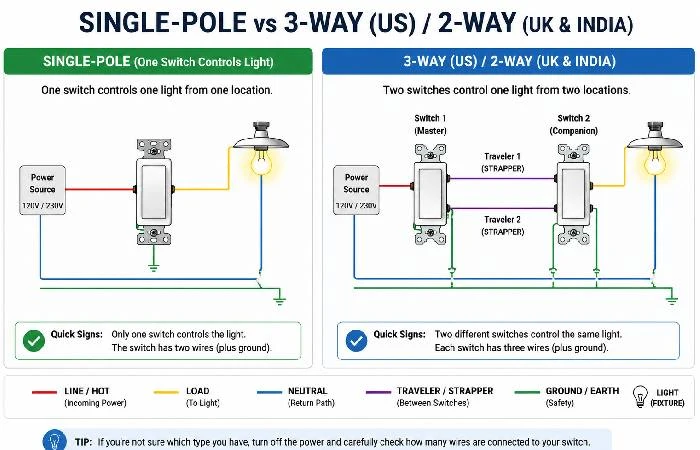 Single pole and three way switch wiring diagrams compared side by side