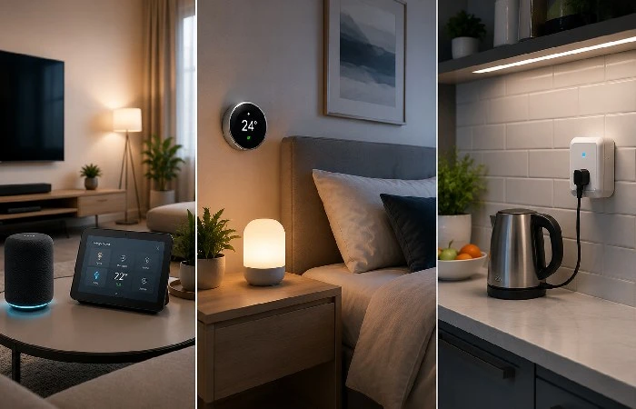 Smart gadgets arranged by room in a modern home layout