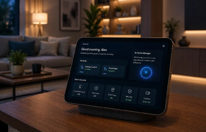 AI-powered home automation dashboard on a smart display