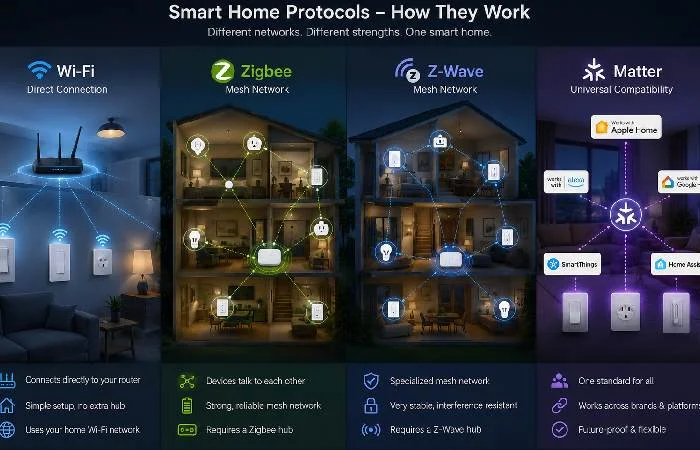 Smart home protocols WiFi Zigbee Z Wave and Matter explained