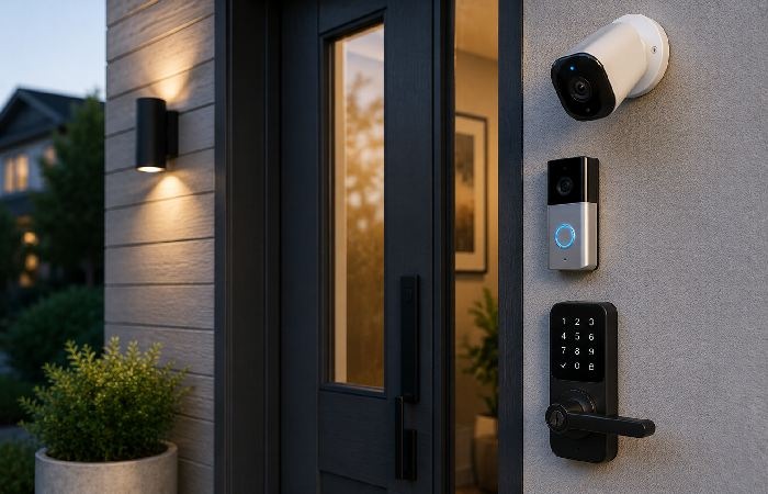 Smart home security setup with video doorbell and smart lock on front door