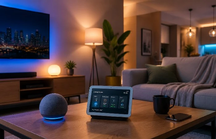 Smart home gadgets in a modern living room with voice assistant and smart lighting