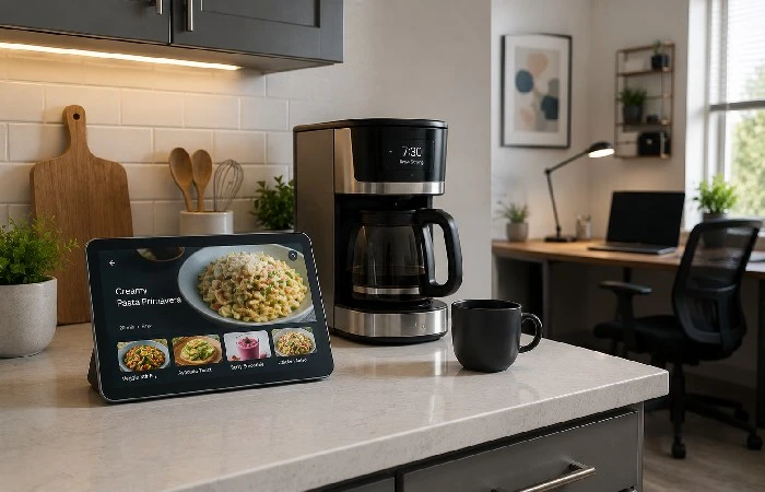 Smart kitchen setup with voice-controlled display and smart coffee maker
