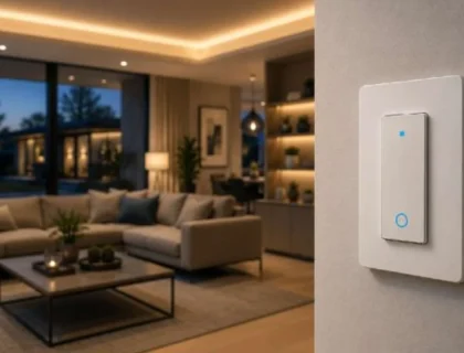 Smart light switch installed in a modern living room for home automation