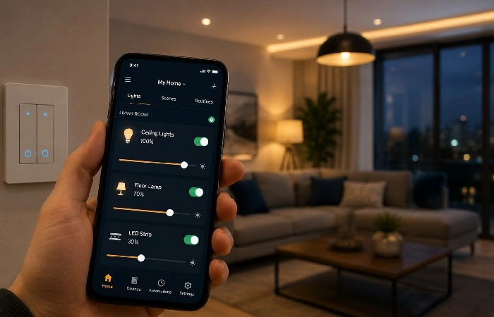 Smart light switch controlled through a mobile app in a modern home