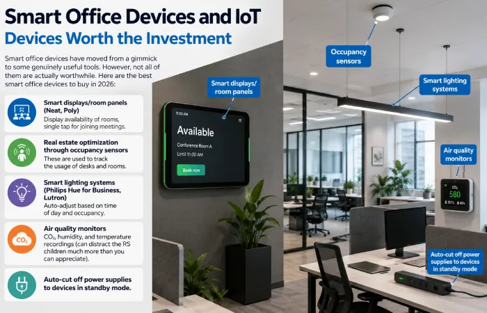 Smart office IoT devices with room display, occupancy sensors, smart lighting, and air quality monitoring system