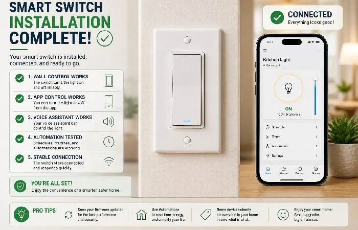 Smart switch installation completed with app control and automation setup