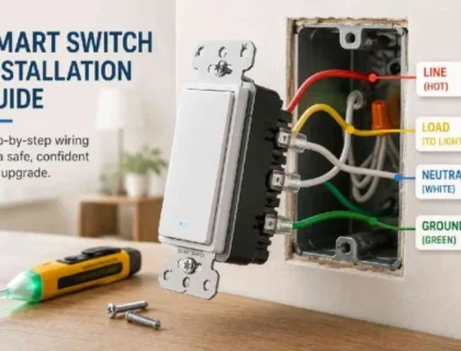 Smart switch installation guide showing line load neutral wiring