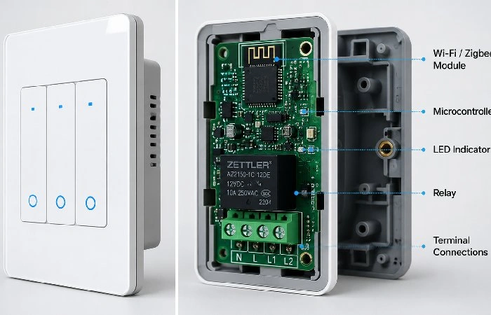Smart switch internal components showing WiFi module and relay board