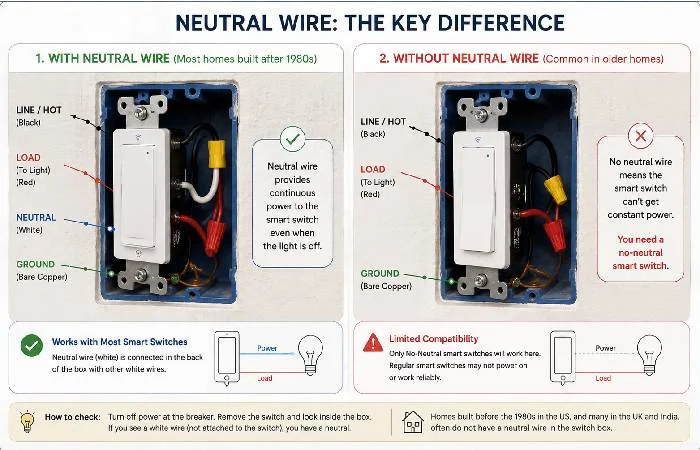 Smart switch installation with and without neutral wire compared