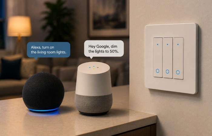 Smart switch controlled by Alexa and Google Home voice assistants