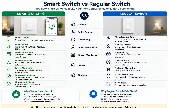 Smart switch compared with regular switch for modern home control