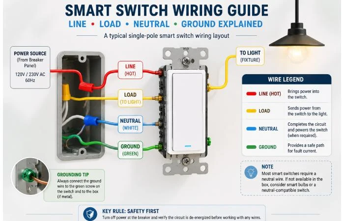 Smart switch wiring guide explaining line load neutral and ground
