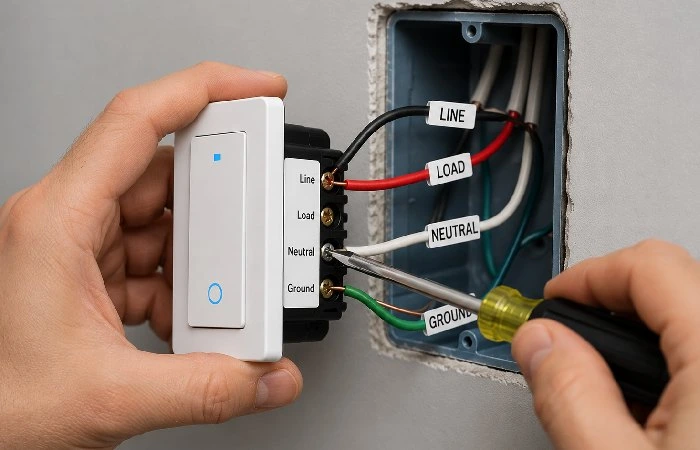 Smart switch wiring installation showing line load neutral connections