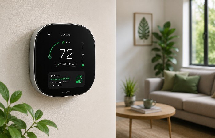 Ecobee smart thermostat showing energy savings on wall display