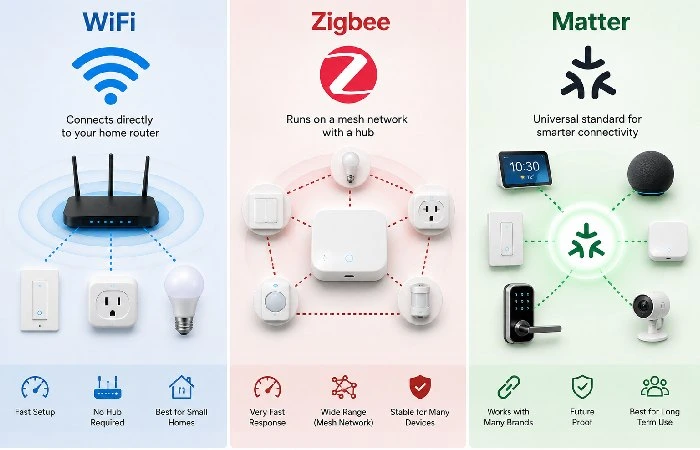 WiFi Zigbee and Matter protocols compared for smart home devices