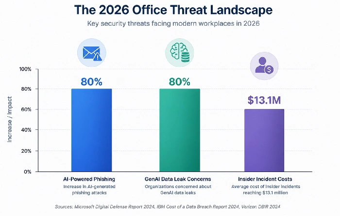 Bar chart showing 2026 office security threat statistics including AI phishing and insider costs