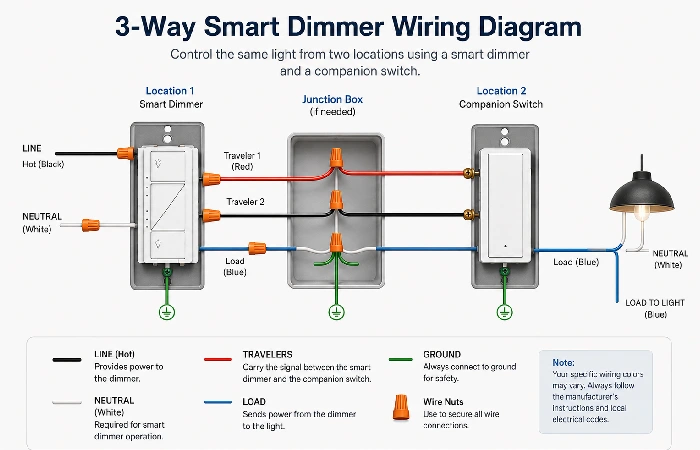 Wiring diagram for 3-way smart dimmer switch installation with companion switch