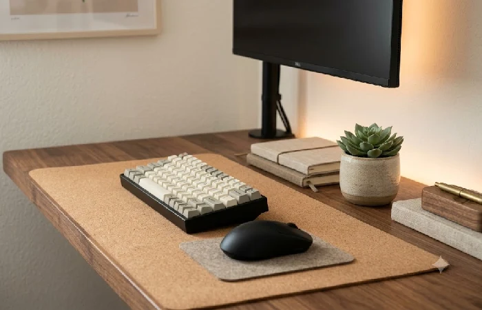 Minimalist desk setup with cork desk mat, small faux plant, and LED bias lighting behind monitor