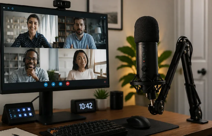 AI-ready home office gadgets — USB microphone and monitor setup for video meetings 2026
