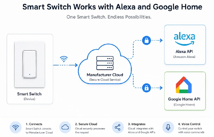 Diagram showing how a smart switch connects to both Alexa and Google Home simultaneously