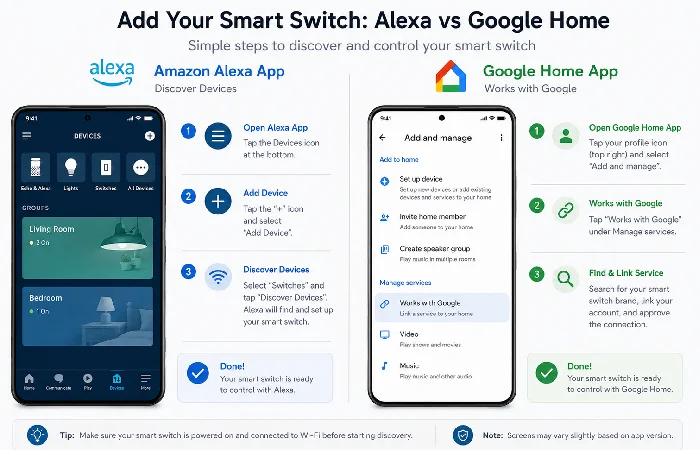 Step-by-step setup guide for adding a smart switch to Alexa and Google Home apps