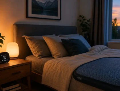 Modern bedroom with smart lighting, sleep tracker on nightstand, and cooling pad visible on bed