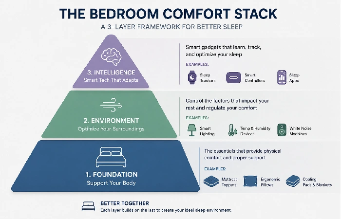 Three-layer bedroom comfort gadget framework showing foundation, environment, and intelligence layers