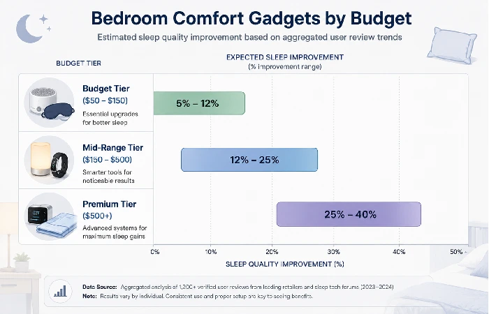 Chart comparing bedroom gadget budget tiers and expected sleep quality improvement