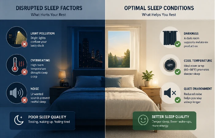 Diagram showing bedroom environmental factors that affect sleep quality