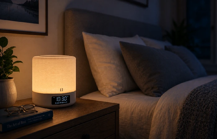 Hatch Restore 2 sound and light machine on bedroom nightstand