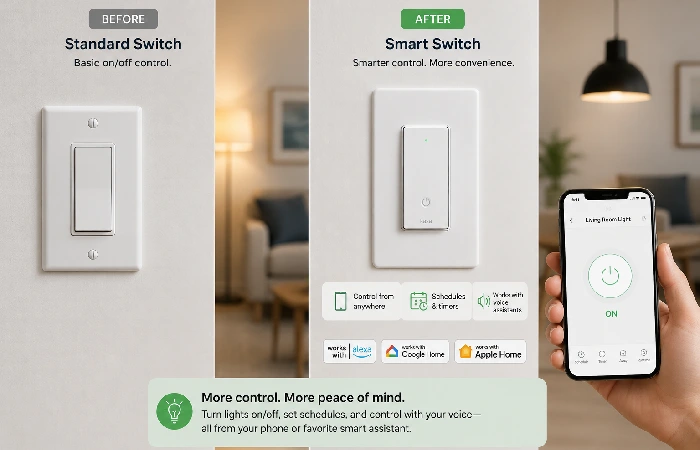 before and after of standard vs smart light switch with app icons