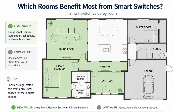 Home floor plan highlighting which rooms benefit most from smart switches