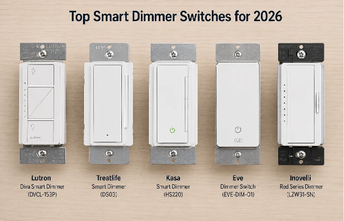 Five top-rated smart dimmer switches for 2026 displayed side by side