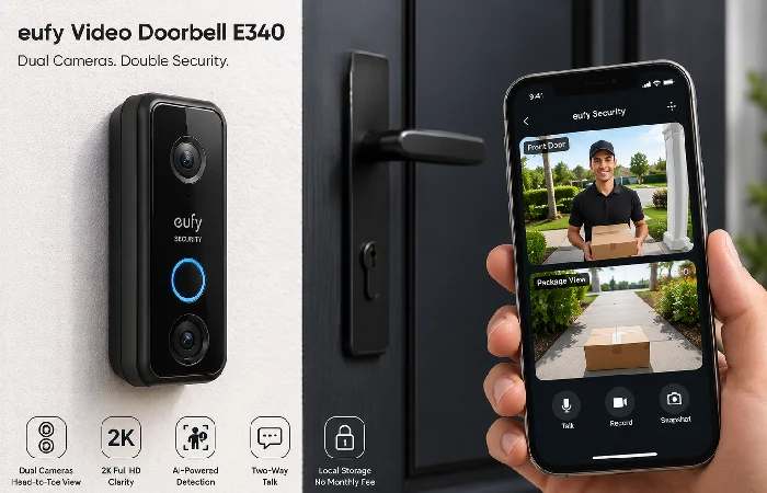 Eufy Video Doorbell E340 mounted on front door with phone app showing live feed
