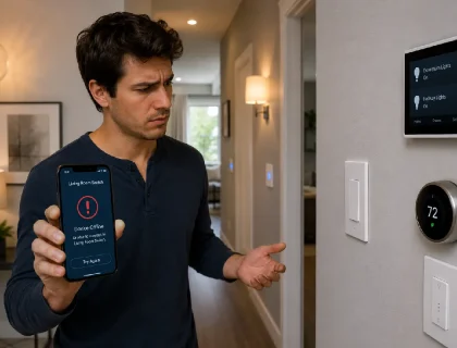 Person checking a WiFi smart switch app error while looking at a wall switch in a modern smart home hallway.