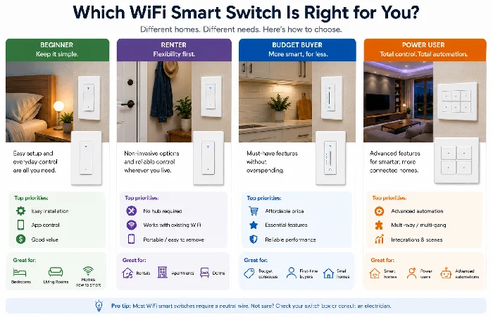 Comparison of WiFi smart switches for beginners, renters, budget buyers, and power users.