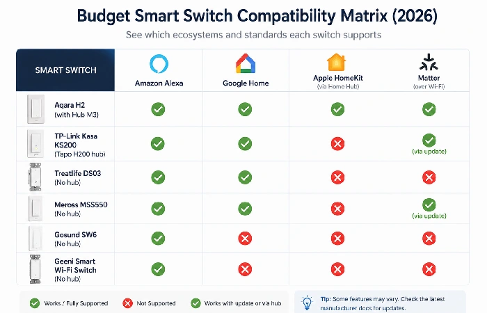 Compatibility matrix showing budget smart switch support for Alexa Google Home Apple HomeKit and Matter