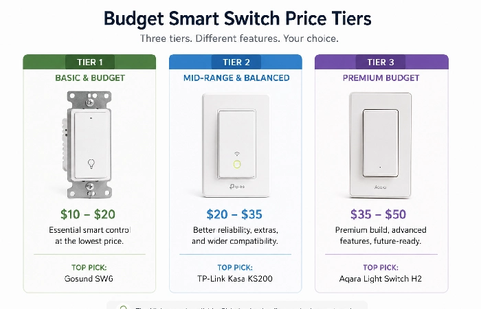 Three-tier budget smart switch comparison showing price ranges and top picks per tier