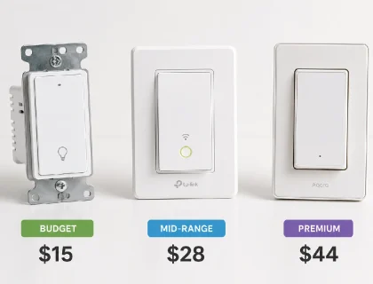 Three budget smart switches from different price tiers displayed side by side on a white surface
