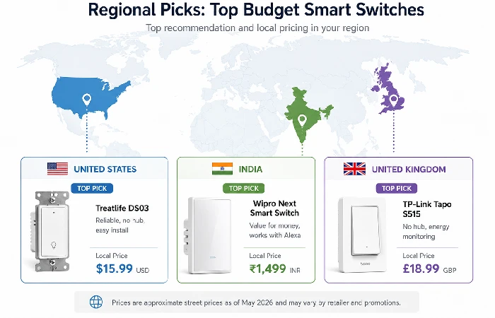Regional budget smart switch recommendations showing top picks and prices for US India and UK